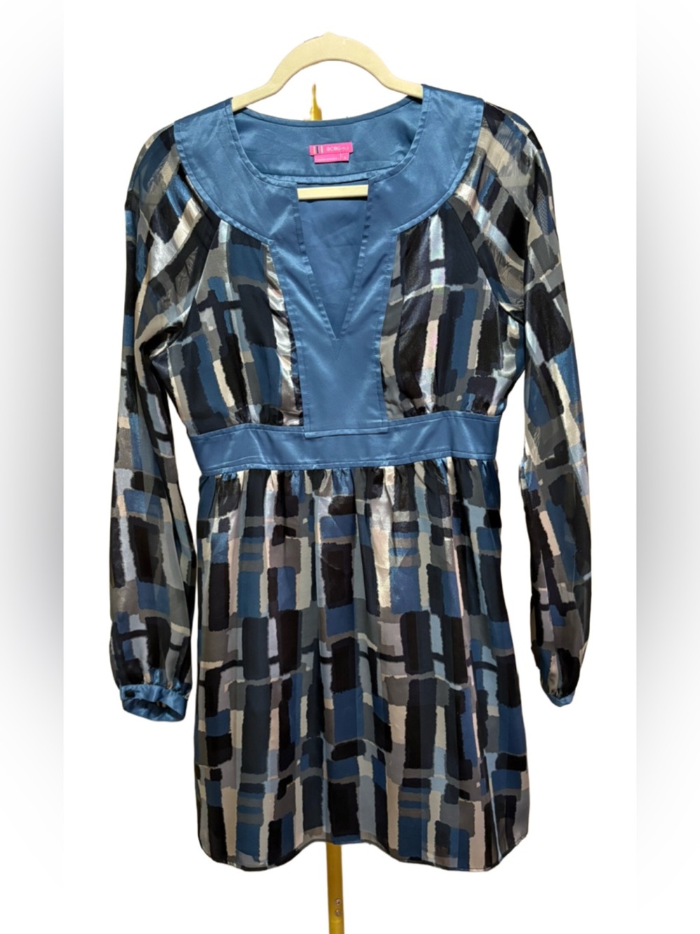 BCBGirls - Blue Block Mod Abstract Silky Empire Waist Midi Dress (S)